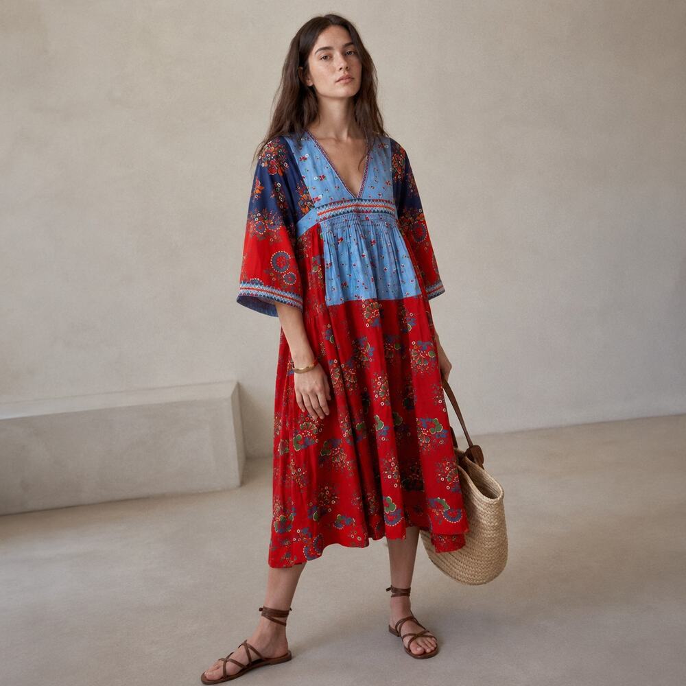 Ulla Johnson 2017 Milena Patchwork Cotton/Linen V-neck Midi Dress, size 6